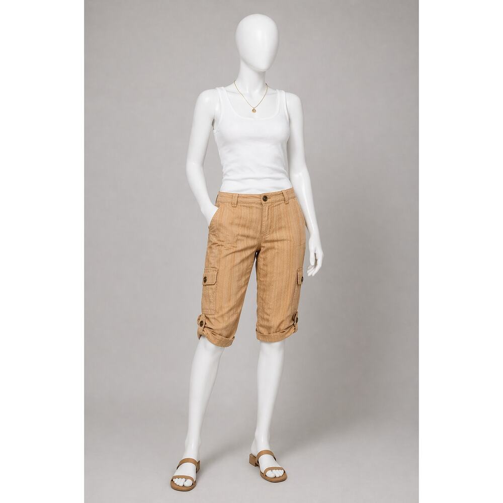 Trina Turk Cargo Capri Pants Womens 6 Tan Adjustable Hem Utility Boho USA made